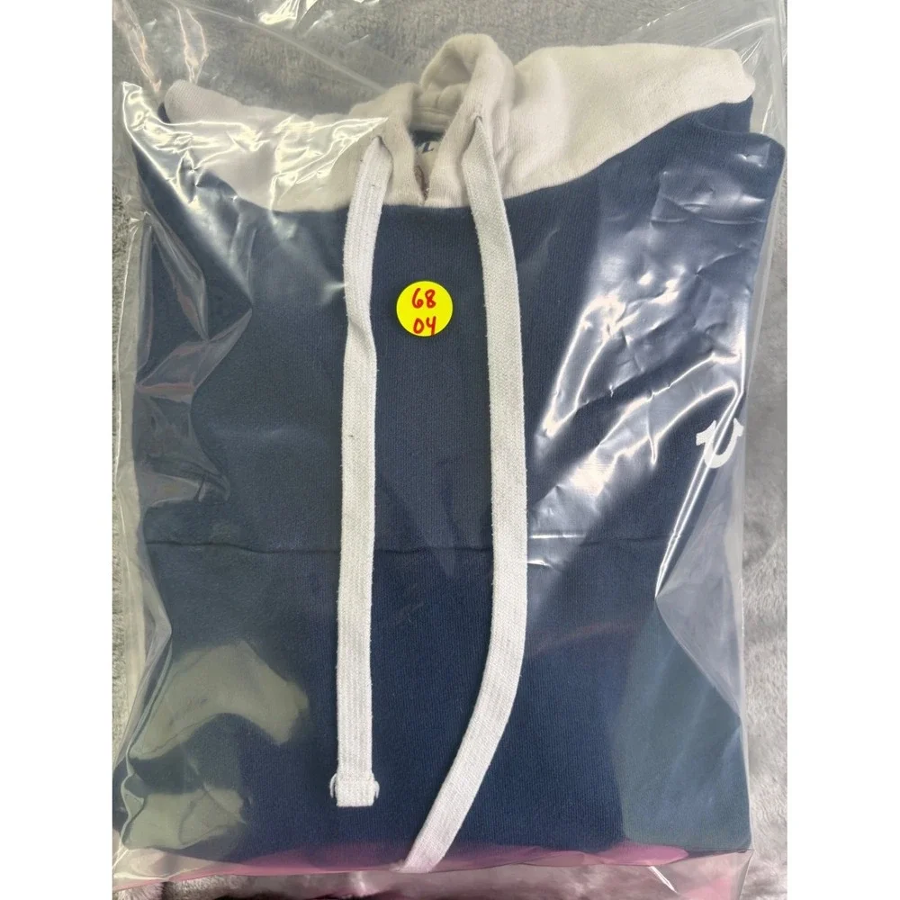 True Religion Mens L Blue Hoodie Screen Printed Graphic Y2K Side Print Sellout